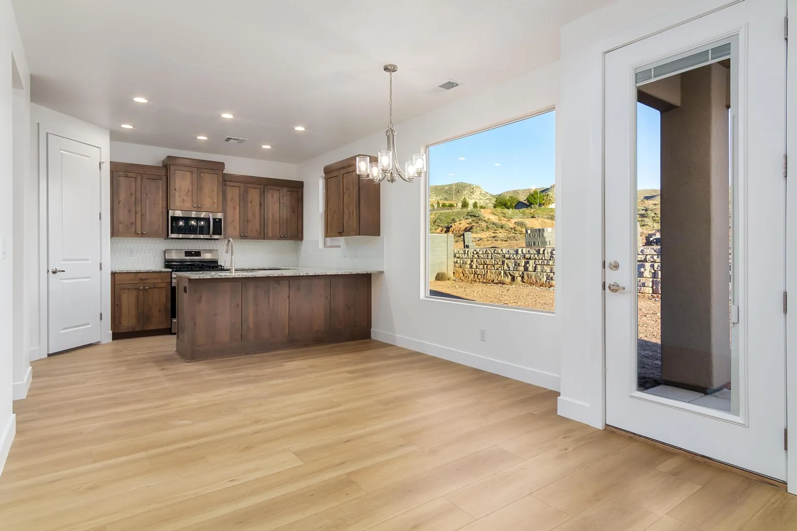 Kitchen and dining area with a big window