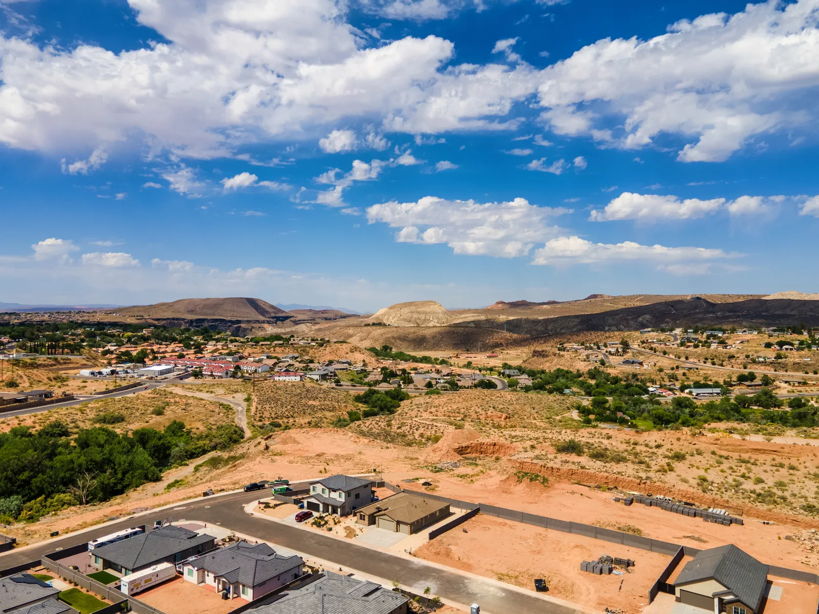 Aerial view of new La Verkin homes with red cliffs and a mesa beyond