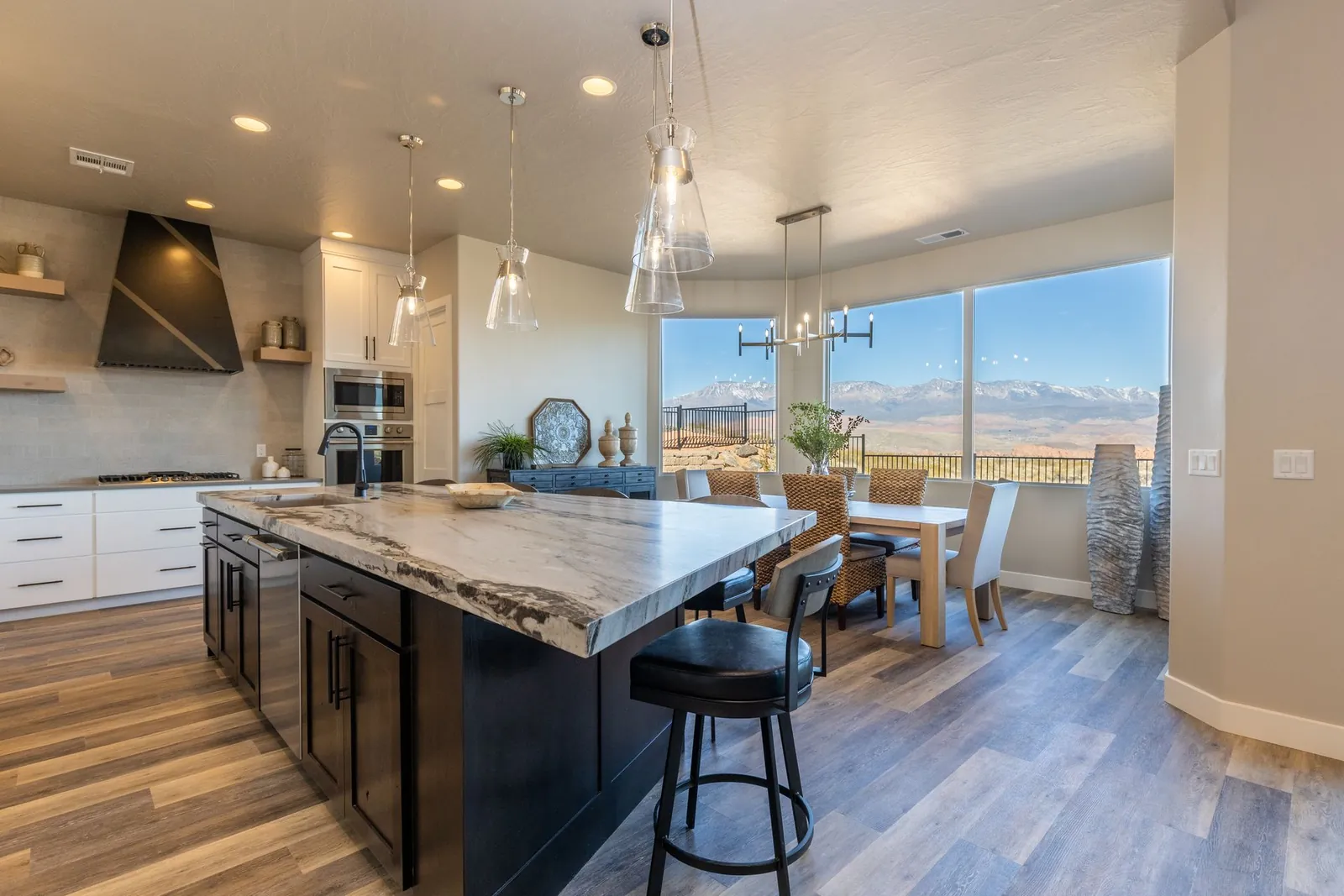 Kitchen island with a view out the back windows