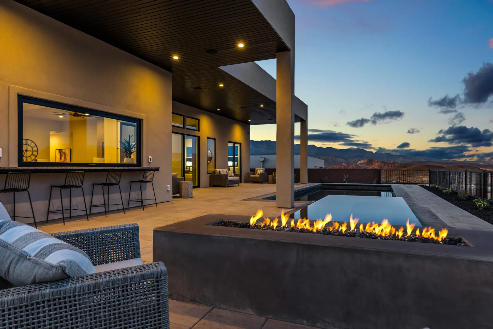 Fire table on the back patio at dusk