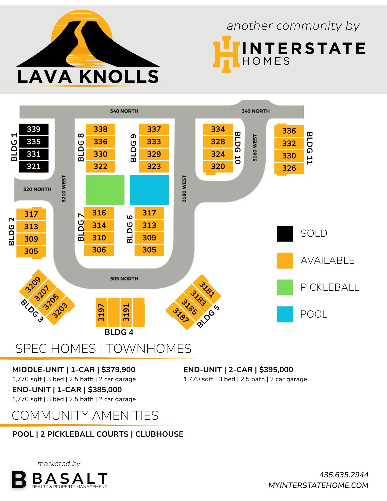 Lava Knolls townhome building map with prices and community amenities
